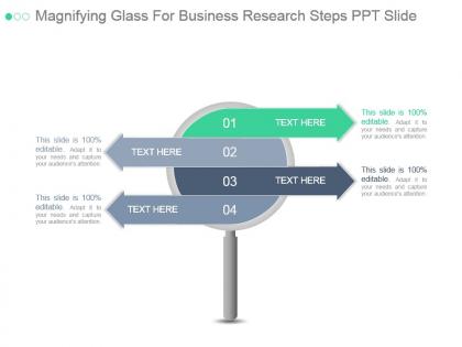 Magnifying glass for business research steps ppt slide