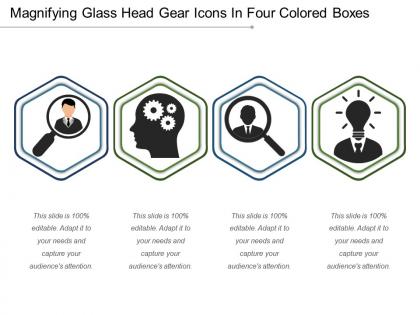 Magnifying glass head gear icons in four colored boxes