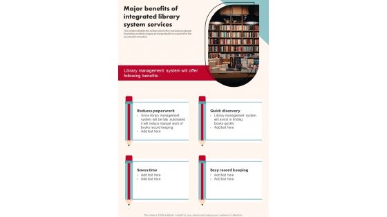 Major Benefits Of Integrated Library System Services One Pager Sample Example Document