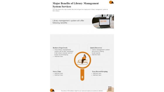 Major Benefits Of Library Management System Services One Pager Sample Example Document