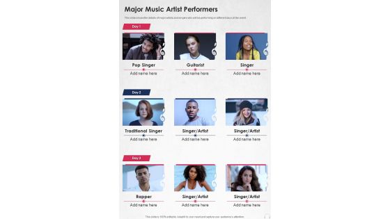 Major Music Artist Performers One Pager Sample Example Document