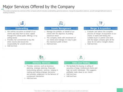 Major services offered by the company investment pitch book overview ppt structure