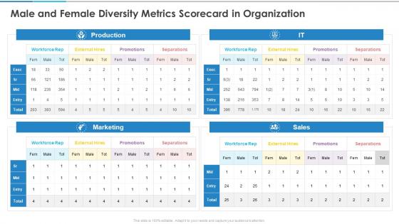 Male And Female Diversity Metrics Scorecard In Organization Ppt Topics