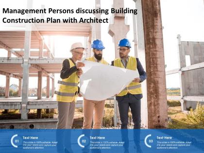 Management persons discussing building construction plan with architect