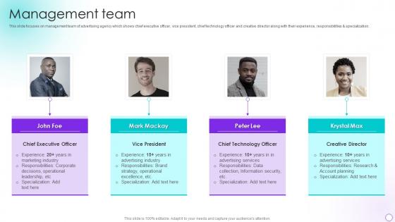 Management Team Promotional Services Company Profile Ppt Slides Graphics Pictures