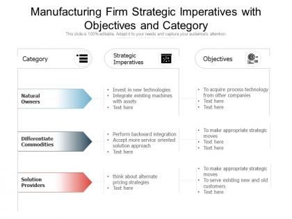 Manufacturing firm strategic imperatives with objectives and category