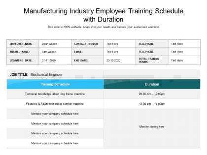 Manufacturing industry employee training schedule with duration