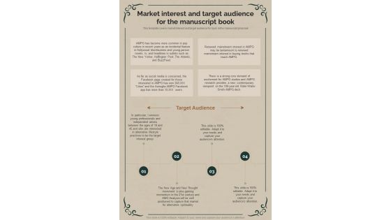 Manuscript Market Interest And Target Audience For The Manuscript Book One Pager Sample Example Document