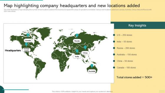 Map Highlighting Company Headquarters And New Global Market Expansion For Product