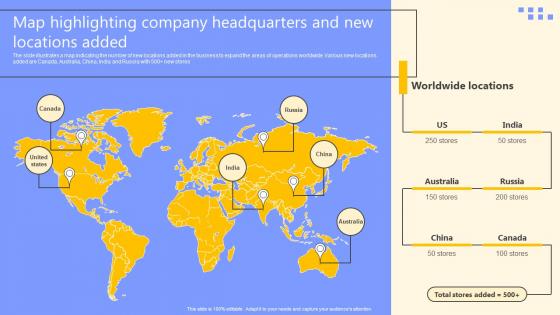 Map Highlighting Company Headquarters And New Global Product Market Expansion Guide