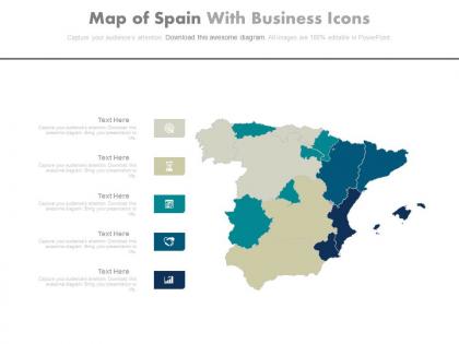 Map of spain with business icons powerpoint slides