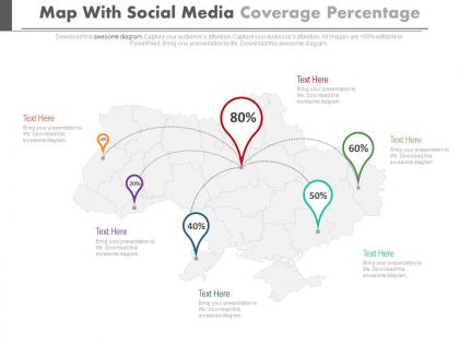 Map with social media coverage percentage location indication powerpoint slides
