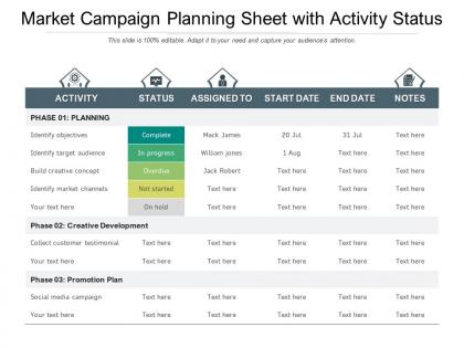 Market campaign planning sheet with activity status