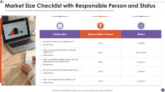 Market size checklist with responsible person and status