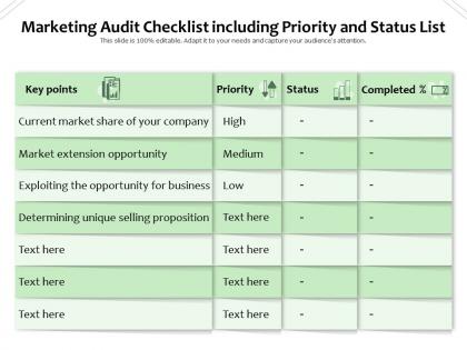 Marketing audit checklist including priority and status list