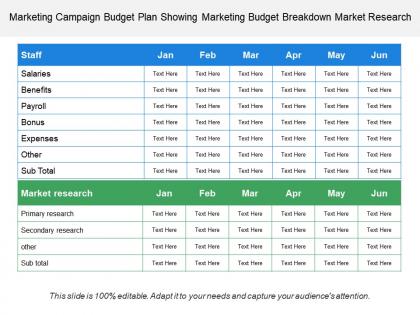 Marketing campaign budget plan showing marketing budget breakdown market research