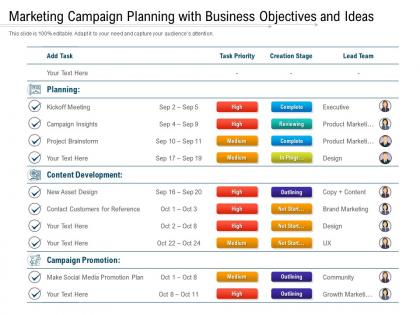Marketing campaign planning with business objectives and ideas