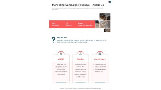 Marketing Campaign Proposal About Us One Pager Sample Example Document