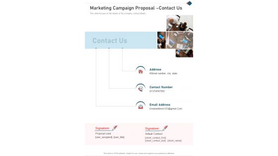 Marketing Campaign Proposal Contact Us One Pager Sample Example Document