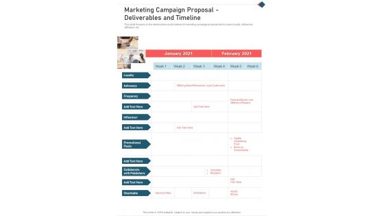 Marketing Campaign Proposal Deliverables And Timeline One Pager Sample Example Document