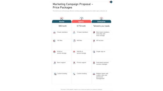 Marketing Campaign Proposal Price Packages One Pager Sample Example Document