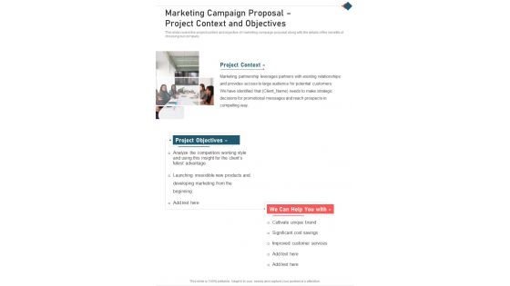 Marketing Campaign Proposal Project Context And Objectives One Pager Sample Example Document