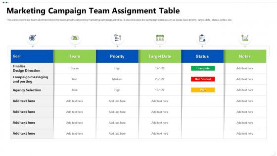 Marketing campaign team assignment table