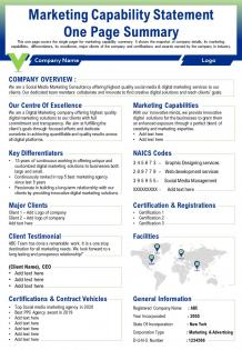 Marketing capability statement one page summary presentation report infographic ppt pdf document