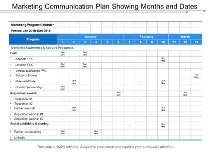 Marketing communication plan showing months and dates