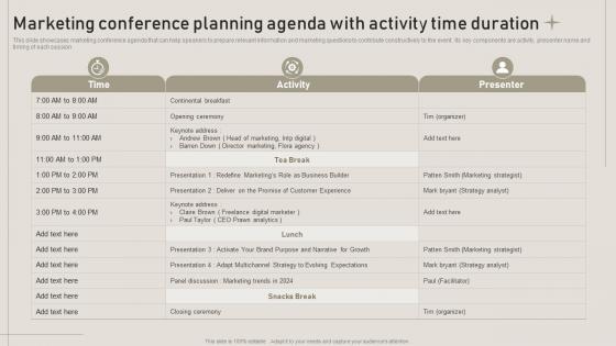 Marketing Conference Planning Agenda With Activity Time Duration
