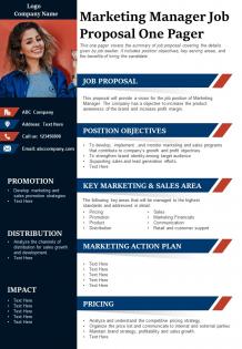 Marketing manager job proposal one pager presentation report infographic ppt pdf document