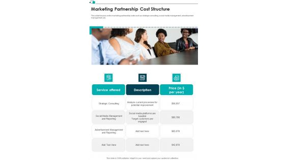 Marketing Partnership Cost Structure Partner Advertising Strategies One Pager Sample Example Document
