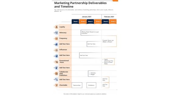Marketing Partnership Deliverables And Timeline One Pager Sample Example Document