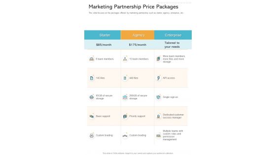 Marketing Partnership Price Packages One Pager Sample Example Document