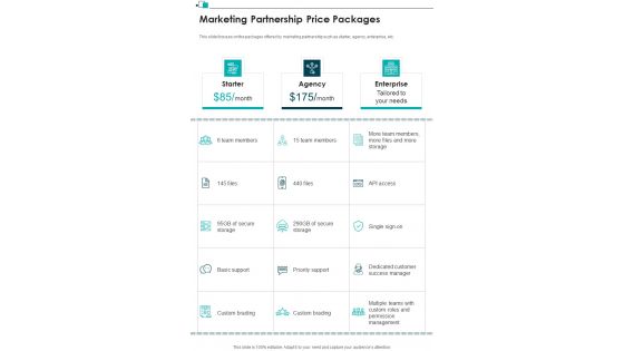 Marketing Partnership Price Packages Partner Advertising Strategies One Pager Sample Example Document