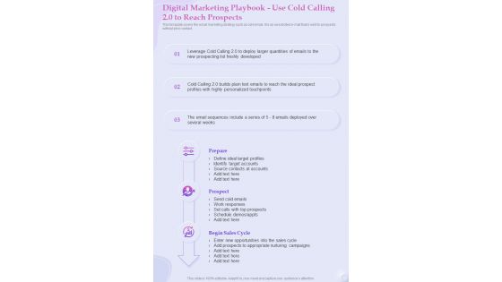 Marketing Playbook Use Cold Calling 2 0 To Reach Prospects One Pager Sample Example Document