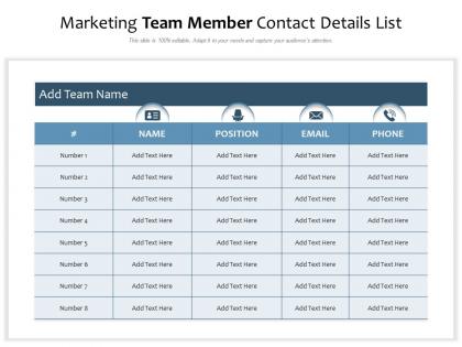 Marketing team member contact details list