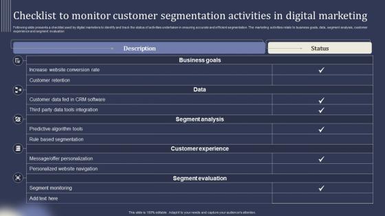 Mastering Lead Generation Checklist To Monitor Customer Segmentation Activities In Digital Marketing