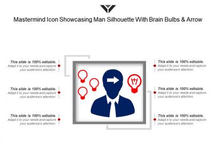 Mastermind icon showcasing man silhouette with brain bulbs and arrow