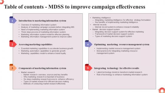 MDSS To Improve Campaign Effectiveness Table Of Contents MKT SS V
