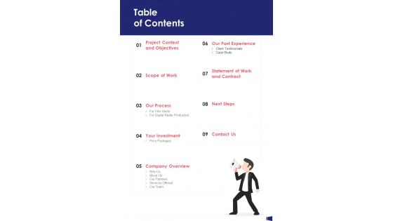 Media Digitalization Proposal Table Of Contents One Pager Sample Example Document
