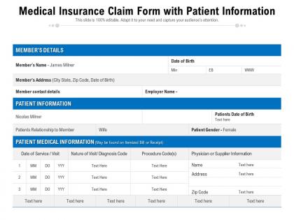 Medical insurance claim form with patient information