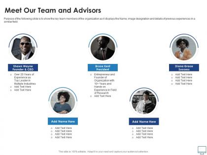Meet our team and advisors recruitment industry investor funding elevator ppt infographics