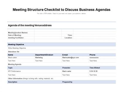 Meeting structure checklist to discuss business agendas