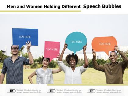 Men and women holding different speech bubbles