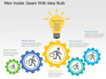 Men inside gears with idea bulb flat powerpoint design