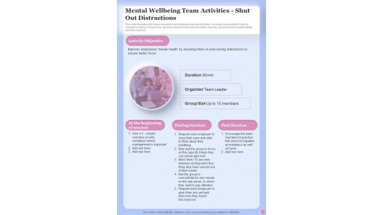 Mental Wellbeing Team Activities Shut Out Health And Fitness One Pager Sample Example Document