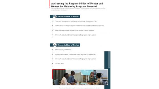 Mentoring Program Addressing The Responsibilities Of Mentor And Mentee One Pager Sample Example Document