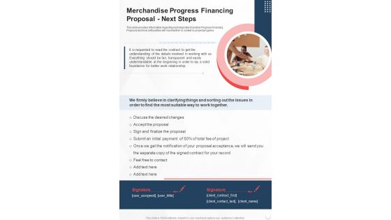 Merchandise Progress Financing Proposal Next Steps One Pager Sample Example Document