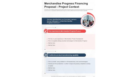 Merchandise Progress Financing Proposal Project Context One Pager Sample Example Document